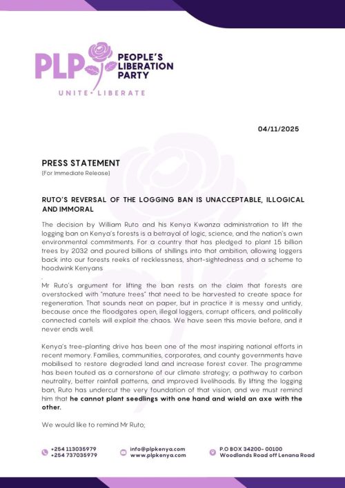 Statement of PLP on reversal of logging ban. PHOTO/PLP