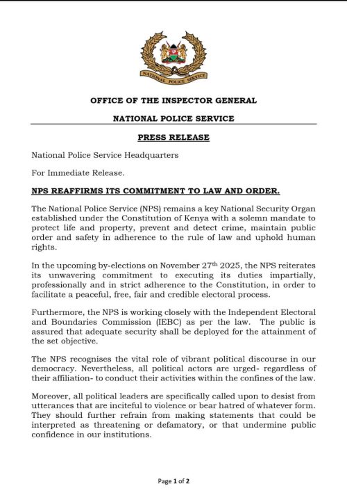 Statement of the National Police Service on the by-elections preparedness released on Wednesday, November 26, 2025. PHOTO/@NPSOfficial_KE/X