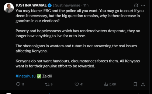 A post shared by Justina Wamae on X. PHOTO/Screengrab by PD Digital from @justinawamae