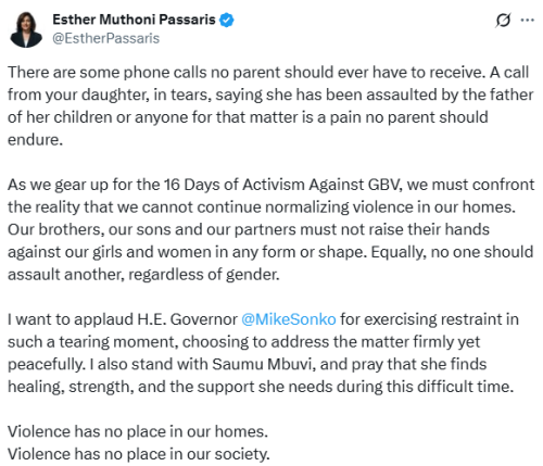 Statement of Esthe Passaris condemning Gender Based Violence against women. PHOTO/Screengrab by  People Daily Digital/@EstherPassaris/X