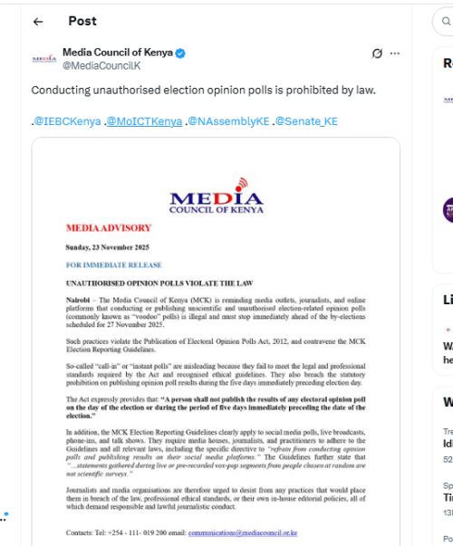 Media Coucil of Kenya notice. PHOTO/Screengrab by K24 Digital