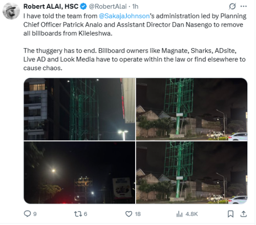 Statement of MCA Robert Alai on illegal erection of billboards in Kileleshwa. PHOTO/Screengrab by People Daily Digital/@RobertAlai/x