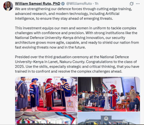President Ruto during the 3rd Graduation Ceremony, National Defence University - Kenya, Nakuru County on Friday, November 21, 2025. PHOTO/Screengrab by People Daily Digital/@WilliamsRuto/X