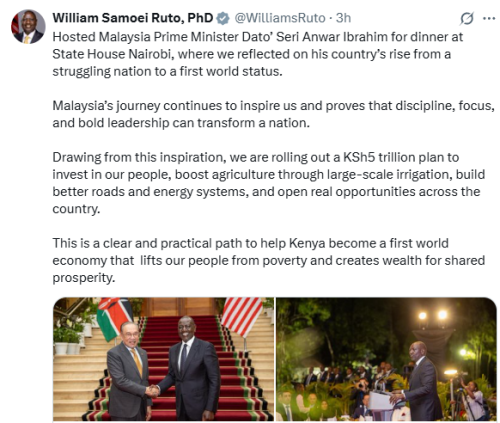 President William Ruto hosted Malaysian PM Anwar Ibrahim for dinner at State House, Nairobi on Sunday, November 23, 2025. PHOTO/Screengrab by People Daily Digital/@WilliamsRuto/X