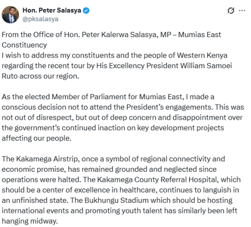 Statement of MP Peter Salasya on why he avoided President William Ruto's engagement in Kakamega. PHOTO/Screengrab by People Daily Digital/@pksalasya
