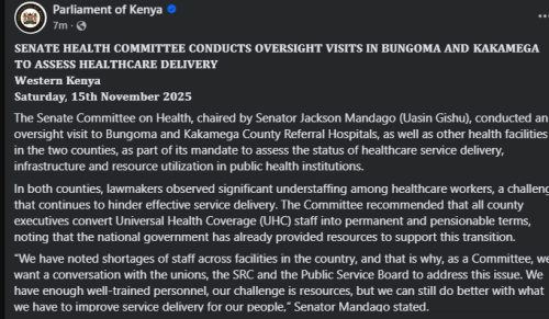 Senate Health Committee statement on Kakamega and Bungoma counties oversight. PHOTO/Screengrab by People Daily Digital/The Parliament of Kenya