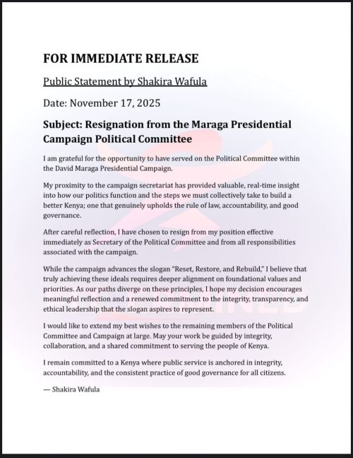Shakira Wafula's statement on resignation fromDavid Maraga's presidential campaign team. PHOTO/@@ft_ermined/X