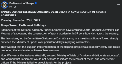 Members of the National Assembly Sports Committee have put Sports Principal Secretary Elijah Mwangi in the spotlight over sabotaging the construction of sports academies. PHOTO/Screengrab by People Daily Digital/The Parliament of Kenya