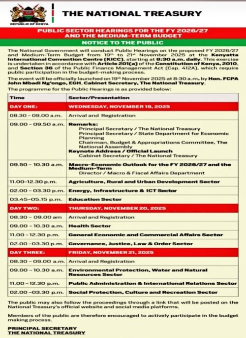 Public notice on  the launch of public hearings on the proposed FY 2026/27 and Medium-Term Budget at KICC. PHOTO/@KeTreasury/X
