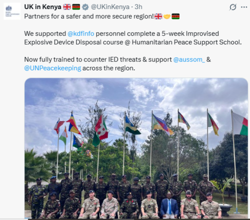 The United Kingdom supported KDF
personnel complete a 5-week Improvised Explosive Device Disposal course @ Humanitarian Peace Support School. PHOTO/Screengrab by People Daily Digital/@UKinKenya/X