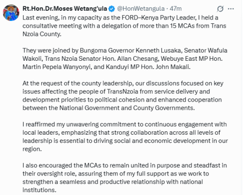 Statement of Speaker Moses Wetang'ula after meeting 15 Trans Nzoia MCAs on Tuesday, November 11, 2025. PHOTO/Screengrab by People Daily Digital/@HoWetangula
