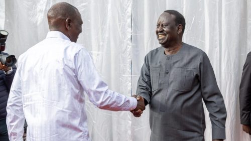 President William Ruto and Raila Odinga interact during a pasdt event: PHOTO/PHOTO/@RailaOdinga/X