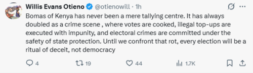 Statement of lawyer Willis Otieno describing the Bomas of Kenya as an election crime scene on Sunday, November 30, 2025. PHOTO/Screengrab by People Daily Digital/@otienowill/X