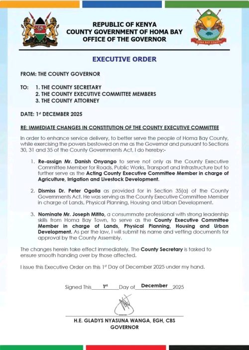 Statement of Homa Bay County Governor Gladys Wanga on the changes to the County Executive Committee for efficient service delivery. PHOTO/Gladys Wanga/Facebook