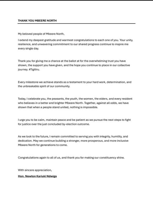 Statement of Newton Karish on the Mbeere North by-election. PHOTO/ Newton Kariuki Ndwiga/Facebook