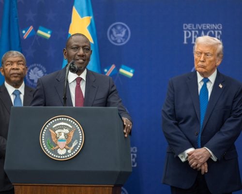 From left: João Gonçalves Lourenço, William Ruto and Donald Trump during the signing of a peace deal between DRC and Rwanda. PHOTO/https://www.facebook.com/William Samoei Ruto