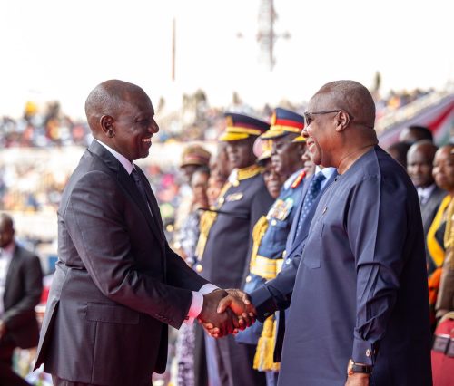 President William Ruto with Ghana’s President John Mahama during the 62nd Jamhuri Day celebrations in Nyayo Stadium on December 12, 2025. PHOTO/https://www.facebook.com/williamsamoei/