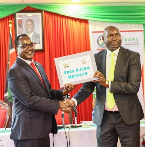CS education Julius Migambo together with PS basic education Jullius Bitok at Mitihani House before releasing the 2025 KJSEA results. PHOTO//https://www.facebook.com/photo/?fbid=1347521857388982&set=pcb.1347522464055588