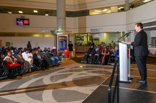 City of Brampton Mayor His Worship Patrick Brown addressing Kenyans living and other invited guests as he hosted Kenya Independence Day celebrations and flag raising ceremony in at Brampton City Hall, in Ontario Canada. PHOTO/KCA