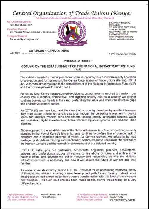 Statement of COTU backing the establishment of National Infrastructure Fund on Tuesday, December 16, 2025. PHOTO/@AtwoliDza/X