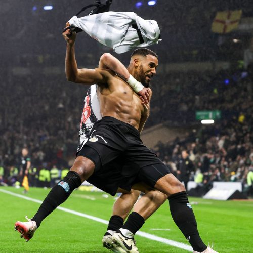 Jonah Ayunga celebrate with teammate after scoring his second goal. PHOTO/@ScotlandSky/X