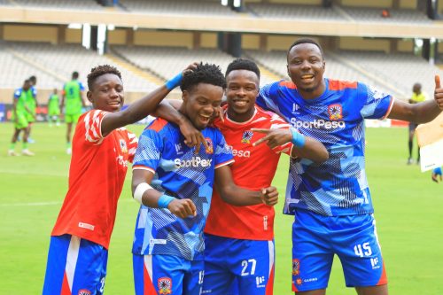 Shabana FC players celebrate after scoring against KCB at Kasarani Stadium. PHOTO/@Shabanafckenya/X