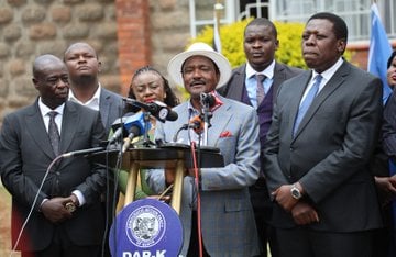 Wiper Patriotic Front Party Leader Kalonzo Musyoka with other United Opposition leaders during Jamhuri Day address at Chui House, Nairobi: PHOTO/@skmusyoka/X