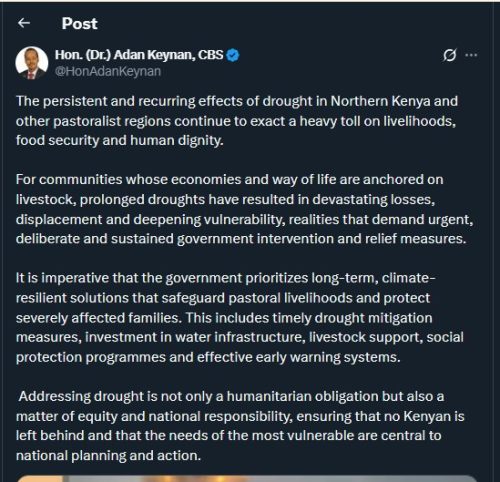 Part of the statement shared by Eldas MP Adan Keynan. PHOTO/Screengrab by PD Digital/@HonAdanKeynan/X