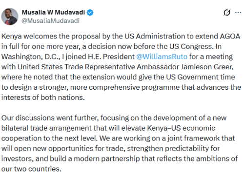 A statement of Musalia Mudavadi on the extension of AGOA deal released on Friday, December 5, 2025. PHOTO/Screengrab by People Daily Digital/@MusaliamMudavadi/X