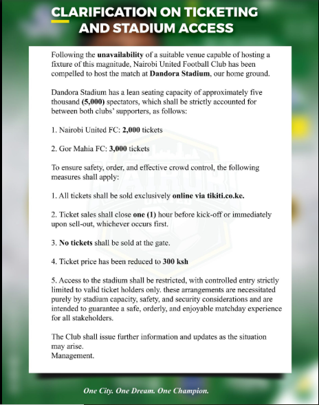 Statement of Nairobi United on the Gor Maahia fixture released on Friday, December 19, 2025. PHOTO/https://www.facebook.com/100063958179088/posts/pfbid02R6ouf6FYvcxbknxEbyjC5HvtCK7c2jTMWfjTRcEYejLHEKakioHyC4Q5akNoL6f3l/?app=fbl