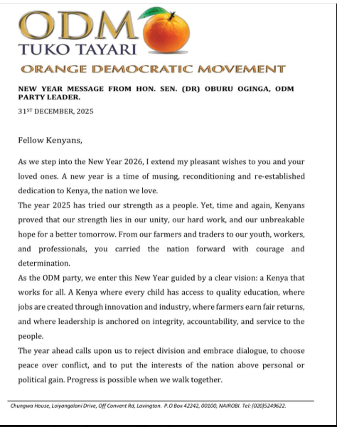 Oburu Odinga's New Year's message to ODM members on Wednesday, December 31, 2025. PHOTO/Screengrab by People Daily Digital/@DrOburu_O/X