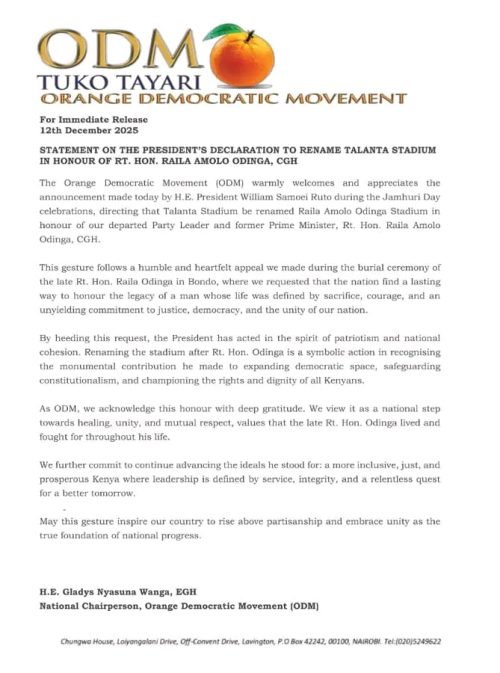 Statement of ODM on the renaming of Talanta Stadium after Raila Odinga on Friday, December 12, 2025. PHOTO/Gladys Wanga
