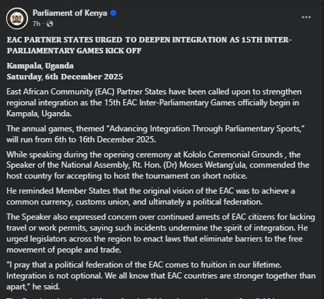 Part of the statement shared by Parliament Kenya on Saturday December 6, 2025. PHOTO/Screengrab by PD Digital/https://www.facebook.com/ParliamentKE