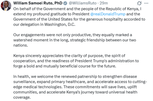 President William Ruto's statement on the Kenya-USA ties on Saturday, December 6, 2025. PHOTO/Screengrab by People Daily Digital/@WilliamsRuto/X 