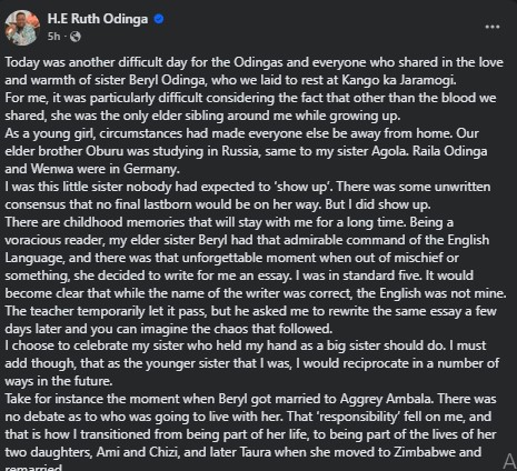 Part of the statement shared by Ruth Odinga on Saturday December 6, 2025. PHOTO/Screengrab by PD Digital/https://www.facebook.com/profile.php?id=100089817945495