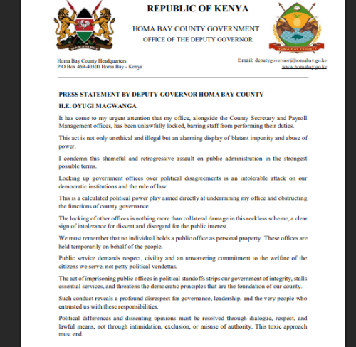 Part of the press release by Oyugi Magwanga. PHOTO/Screengrab by People Daily Digital