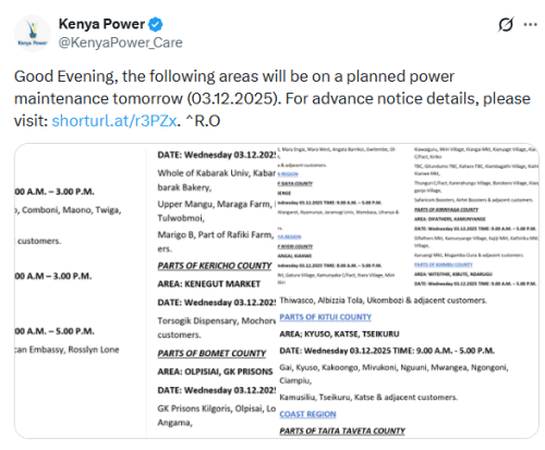 X post by Kenya Power. PHOTO/Screengrab by People Daily Digital