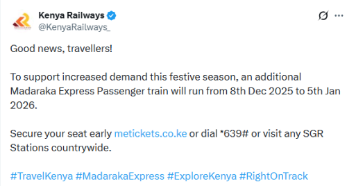 X post by Kenya Railways. PHOTO/Screengrab by People Daily Digital