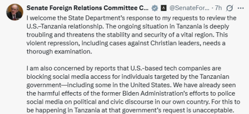 X post by the Senate Foreign Relations Committee Chairman. PHOTO/Screengrab by People Daily Digital