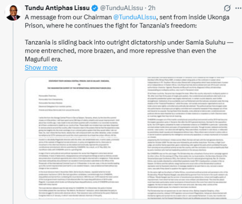 X post on Tundu Lissu's account. PHOTO/Screengrab by People Daily Digital