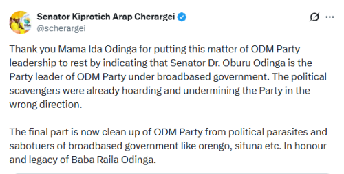 X post by Senator Kiprotich Arap Cherargei. PHOTO/Screengrab by People Daily Digital