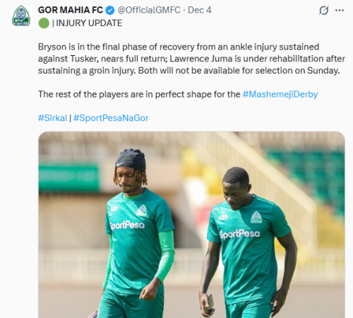 X post by Gor Mahia. PHOTO/Screengrab by People Daily Digital