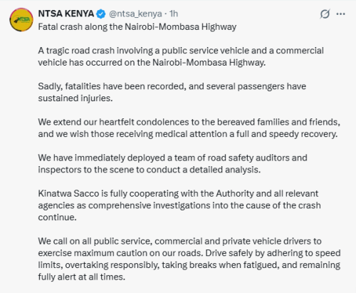 X post by NTSA. PHOTO/Screengrab by People Daily Digital