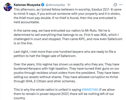 X post by Kalonzo Musyoka. PHOTO/Screengrab by People Daily Digital