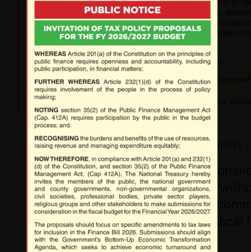 Part of the public notice by Treasury. PHOTO/Screengrab by People Daily Digital
