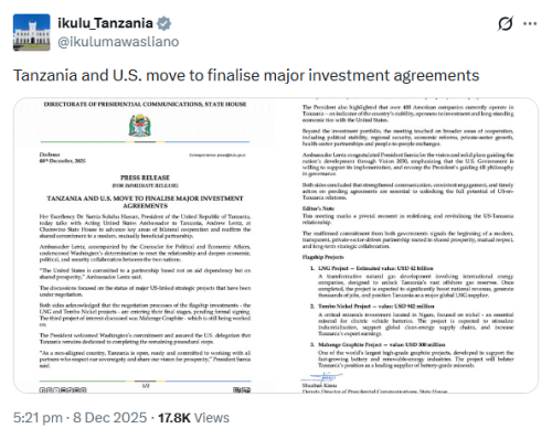 X post by ikulu_Tanzania. PHOTO/Screengrab by People Daily Digital @ikulumawasliano