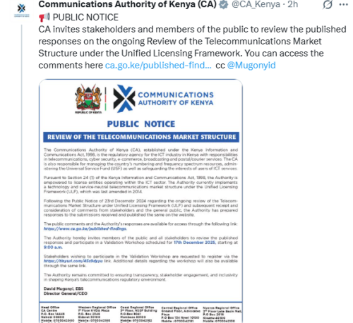 X post by Communications Authority. PHOTO/Screengrab by People Daily Digital