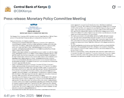 X post by CBK. PHOTO/Screengrab by People Daily Digital