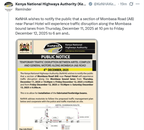 X post by KeNHA. PHOTO/Screengrab by People Daily Digital
