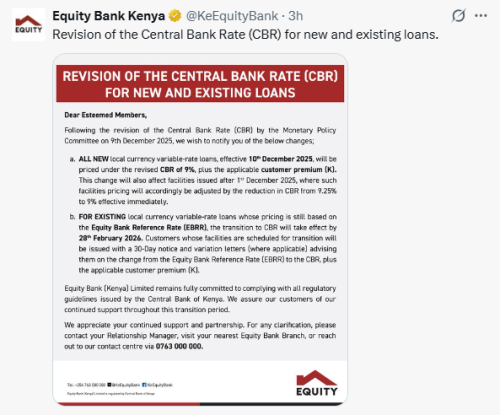 X post by Equity Bank Kenya. PHOTO/Screengrab by People Daily Digital